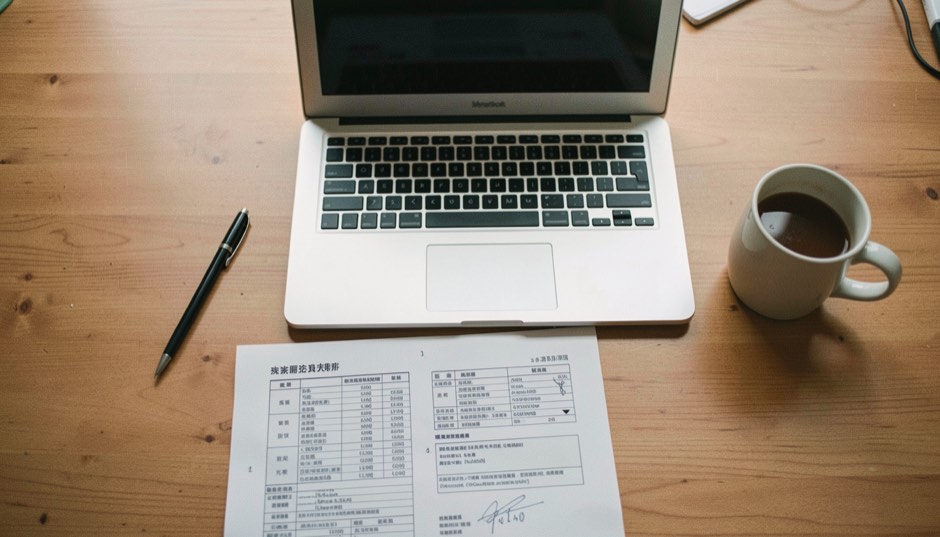 A writing desk with a laptop, a printed specification and a mug, seen from above in daylight.