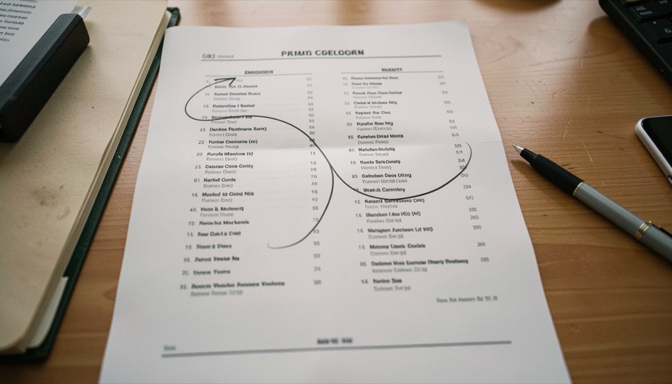 A printed directory page on a desk with four columns of short entries, one column circled in ink.