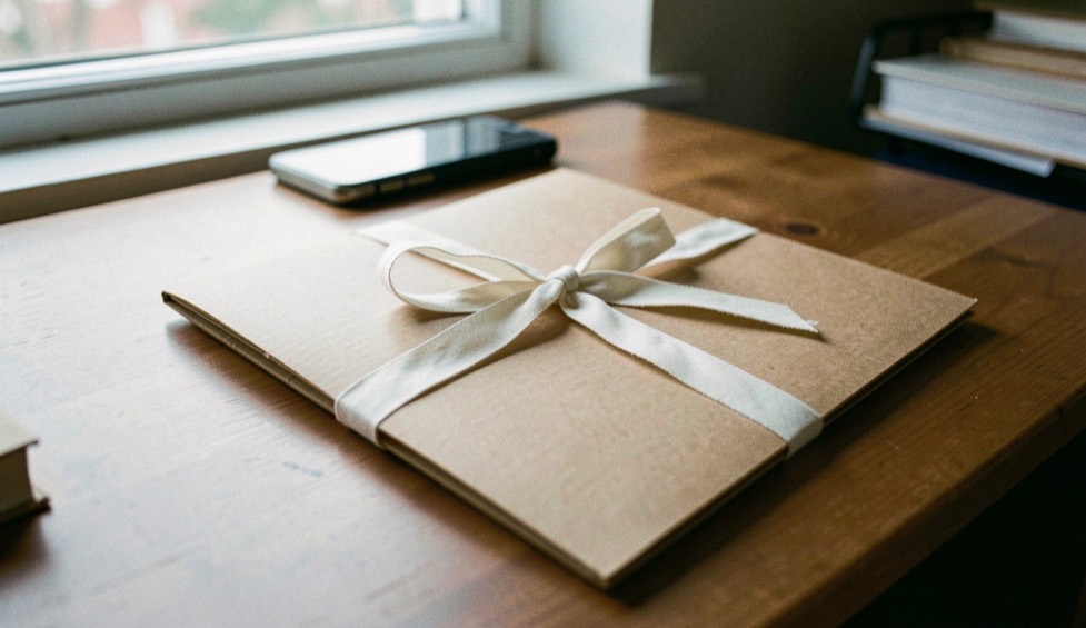 A cardboard document folder tied with a cotton ribbon, resting on a desk beside a window.