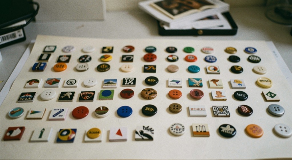 A contact sheet of small square button graphics laid out in rows on a light table, unlabelled.
