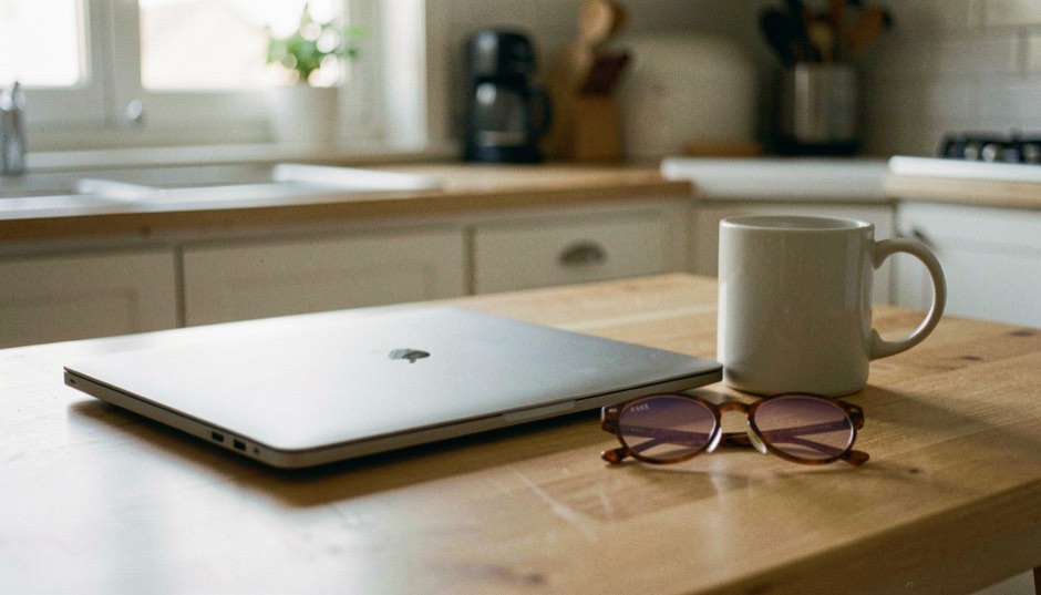 A closed laptop on a kitchen table beside a mug and a pair of reading glasses in morning light.