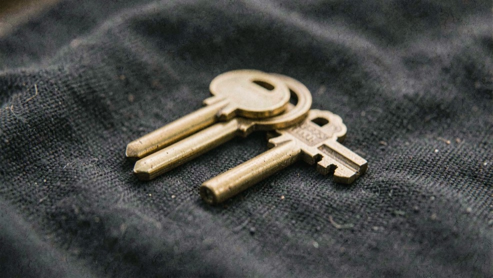 Two identical brass keys on a dark cloth, one slightly out of focus behind the other.