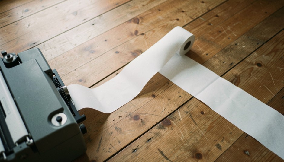 A long roll of continuous paper feeding out of a teleprinter onto a wooden floor, seen from above.