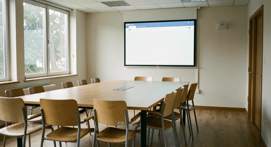 An empty meeting room with chairs pulled around a table and a screen showing a blank chat window.