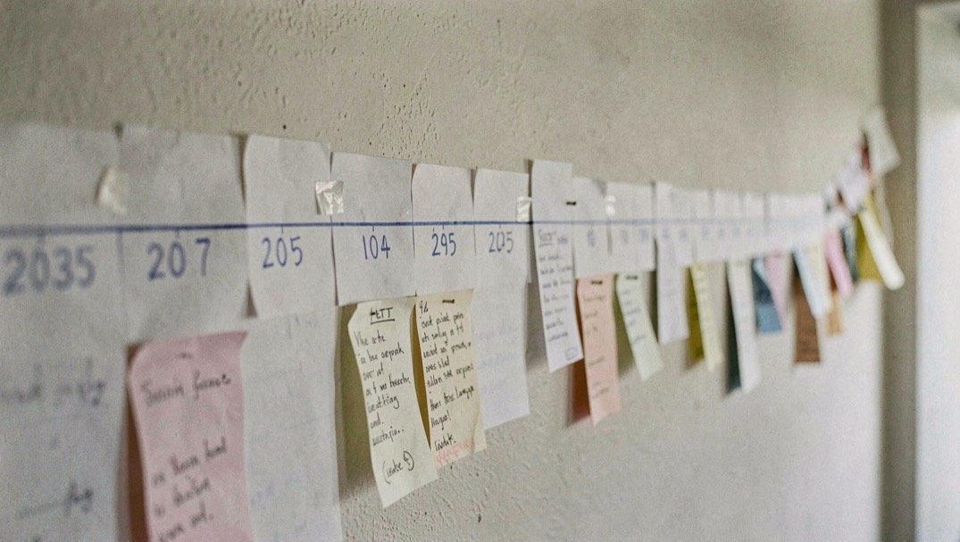 A long paper timeline taped across a wall, years written in marker, notes clipped along its length.