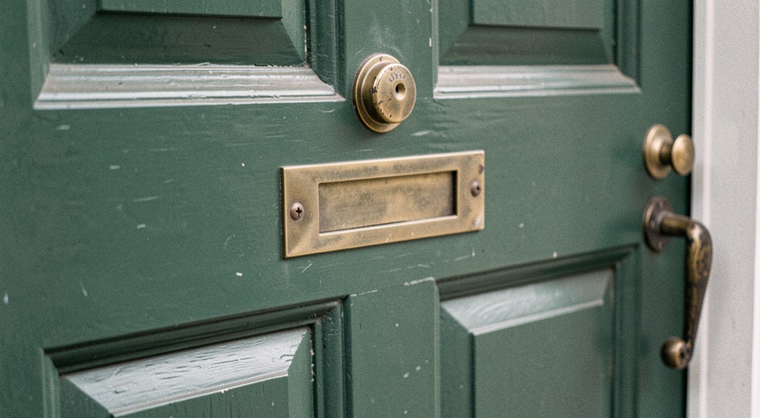 A green painted front door seen close up, with a brass letter slot, a bell push and a worn handle.