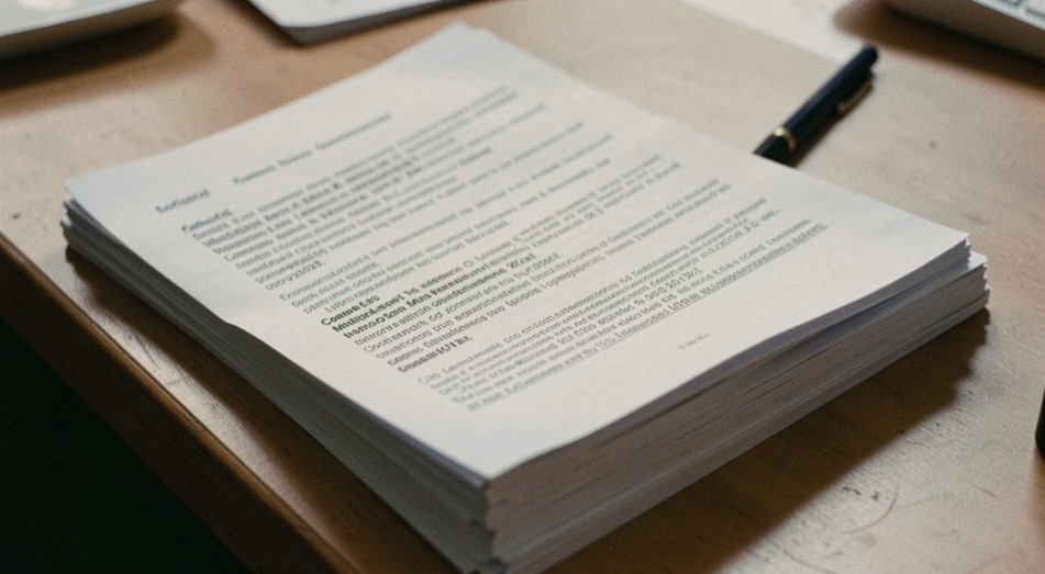 A stack of early-2000s printed mailing-list threads and conference notes on a table.