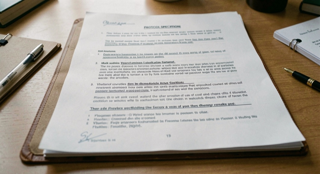 A printed protocol specification open on a desk, passages underlined in pencil.