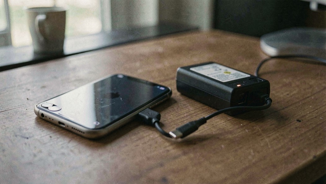 A phone face down on a table next to a battery pack and a short charging cable, evening light.