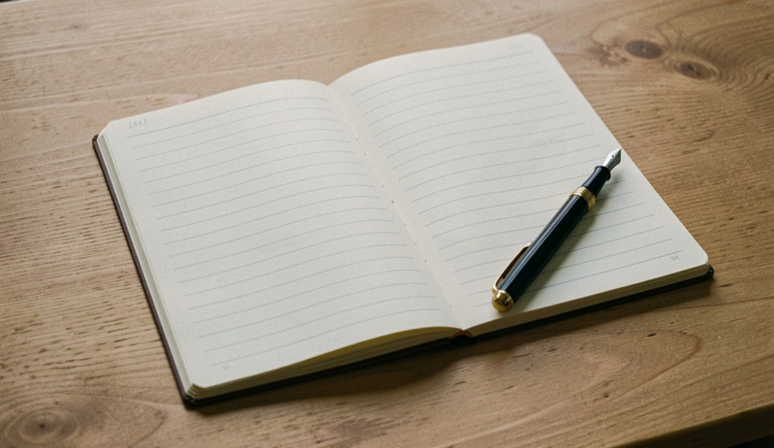 An open ruled notebook and a fountain pen resting on a plain wooden table, side light.