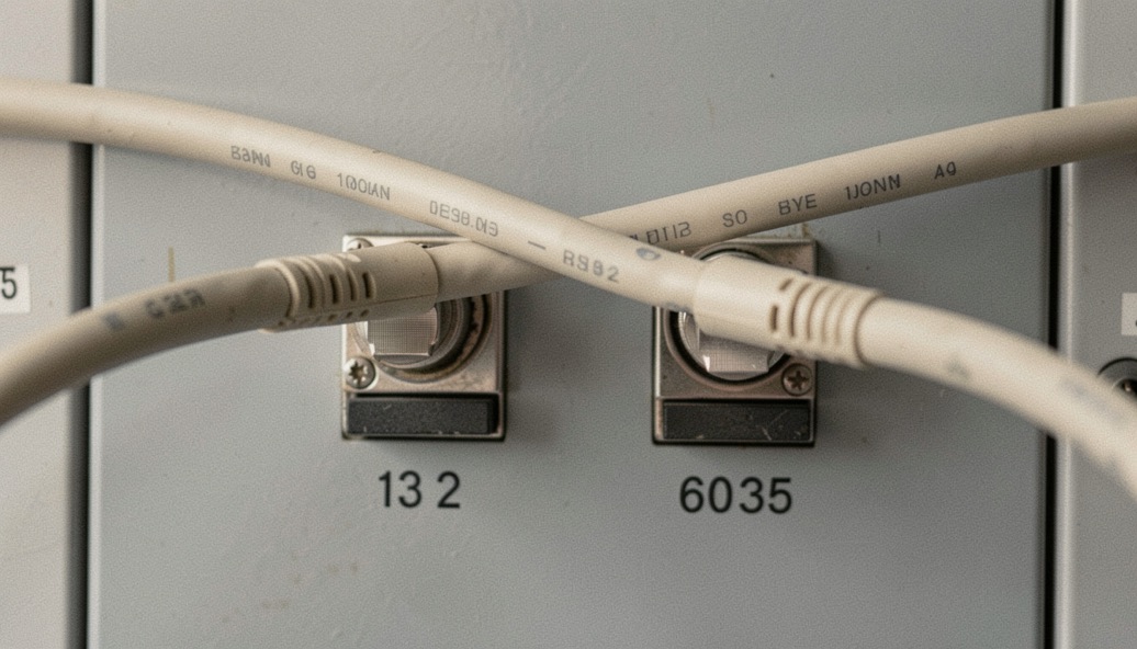 Two patch cables crossing on a grey panel, connectors in focus, port numbers printed beneath.