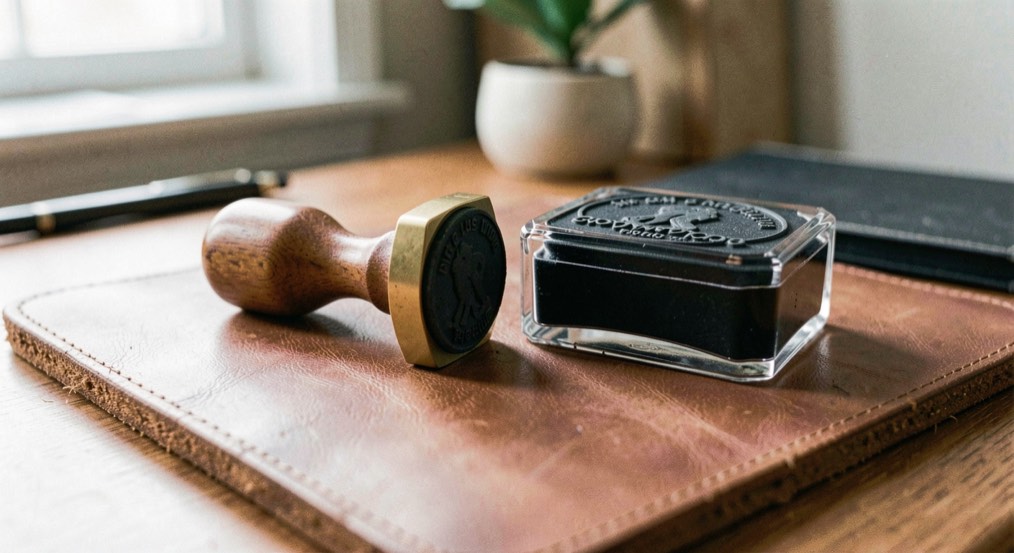 A brass rubber stamp and its ink pad on a leather desk blotter, lit from one side.