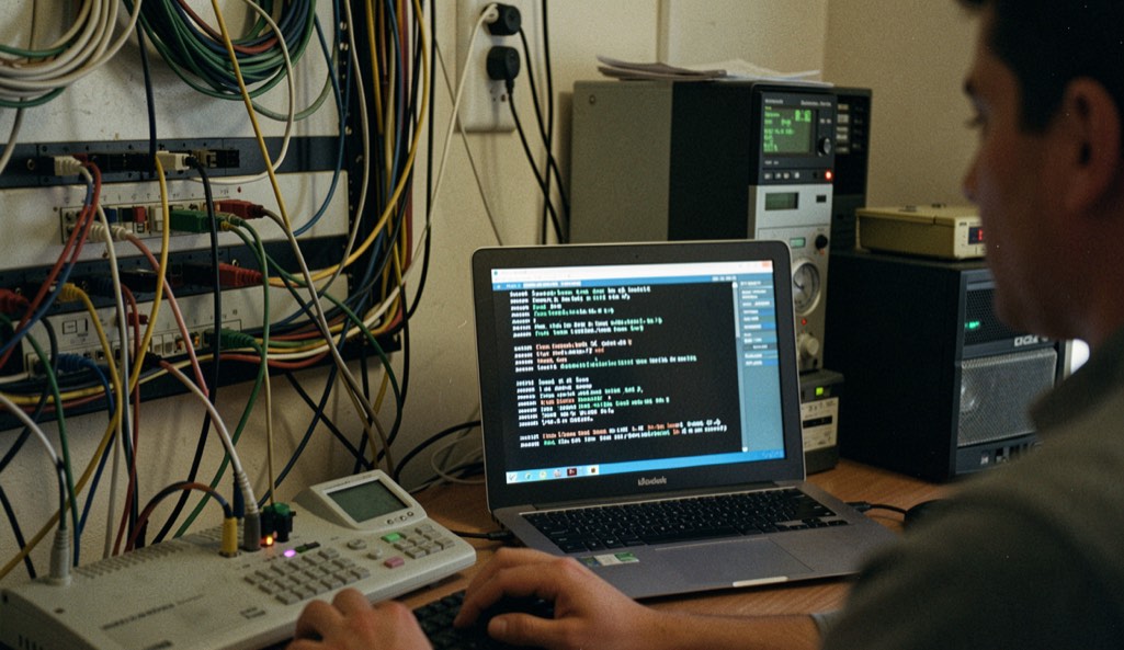 A network operator’s desk at night, a wall of patch cables and a terminal showing a stream of short messages.