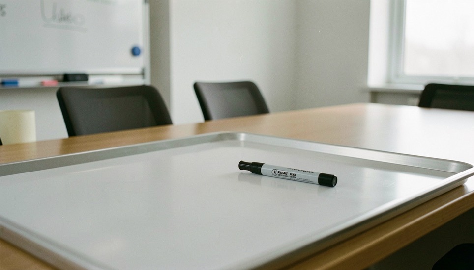 A marker pen resting on the empty tray of a blank whiteboard in a quiet, well lit meeting room.